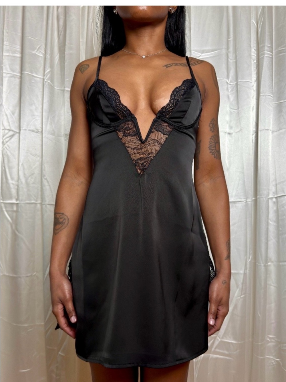Black Lace-Trim Satin Chemise - Women Intimates